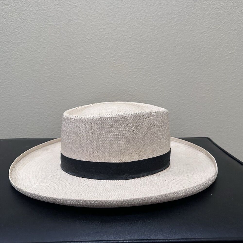 Vtg Stetson Panapore Straw Fedora Hat Telescope Crown Black Ribbon Band Size M